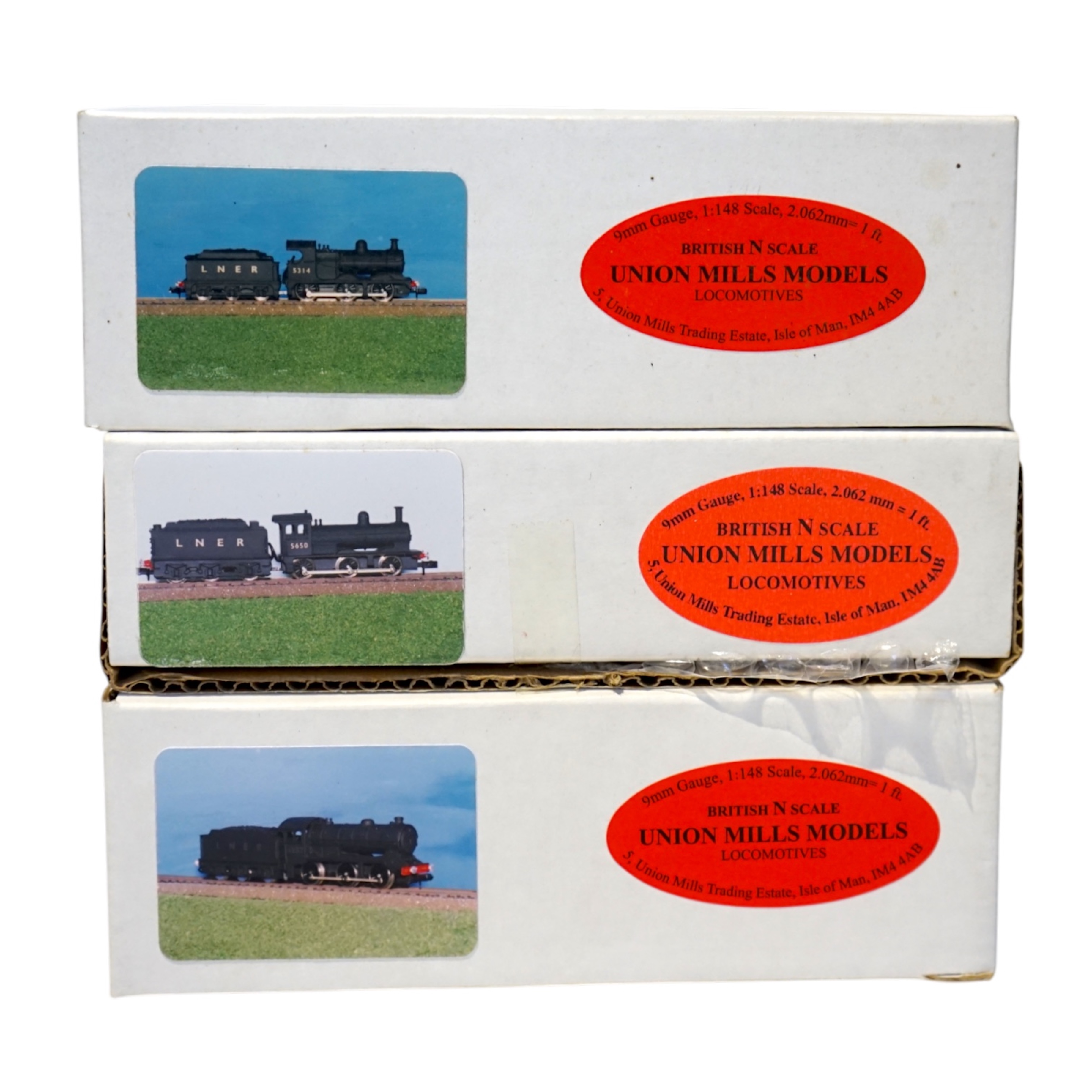 Three boxed Union Mills Models N gauge railway LNER locomotives; a Class J39, 4857, a Class J11, 5314, and a Class J25, 5650. Condition - good.